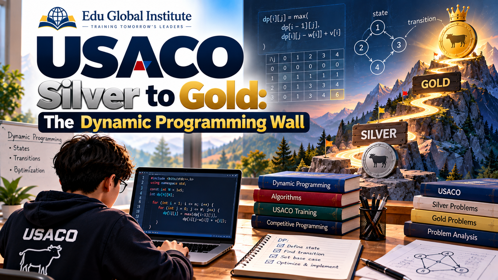 USACO Silver to Gold promotion guide showing the dynamic programming techniques that separate the divisions
