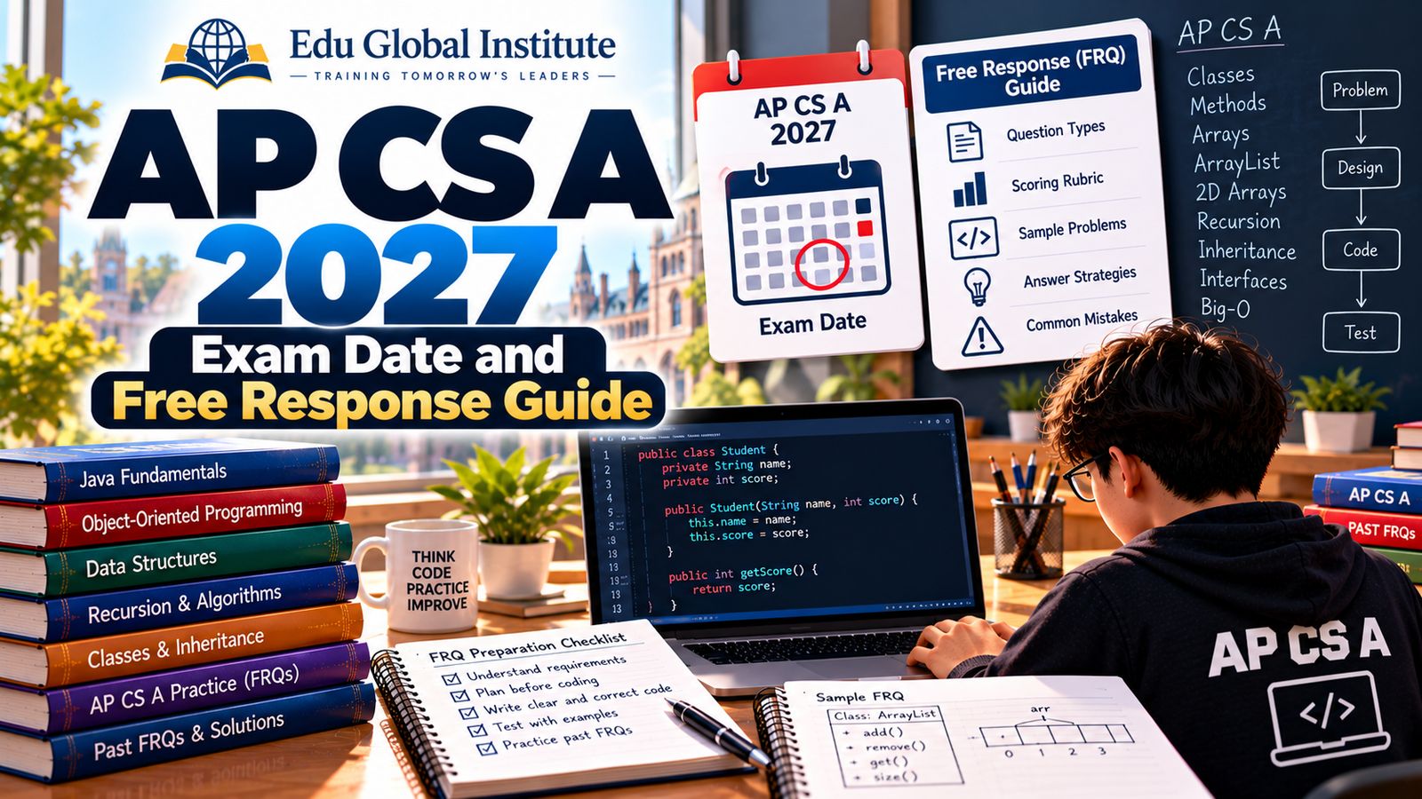 AP CS A 2027 exam date of 12 May with Java free response question structure and preparation plan